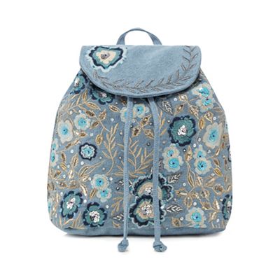 Blue denim embellished backpack